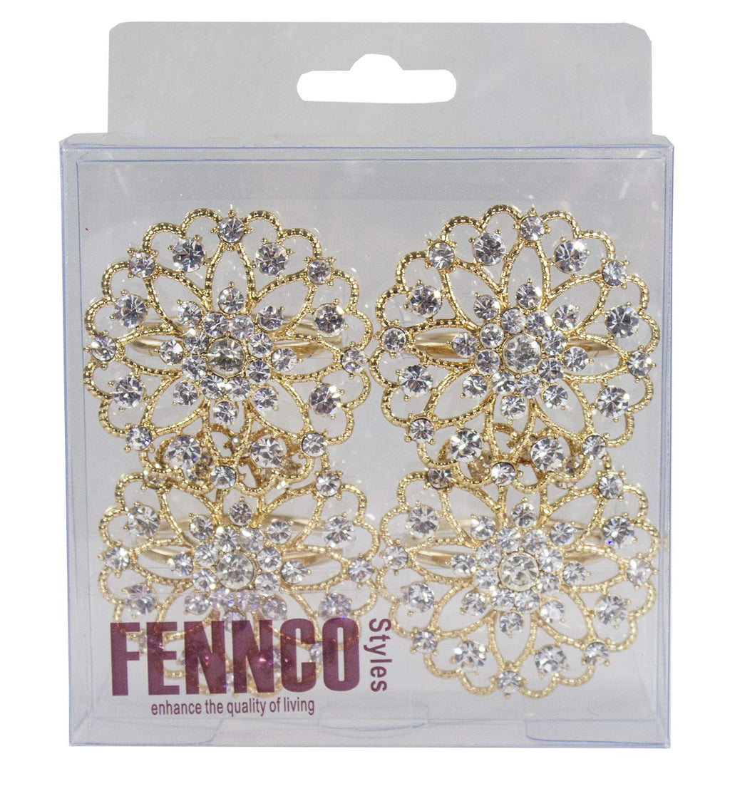 Fennco Styles Rhinestone Crystal Flower Napkin Rings Wedding Holiday Table Decoration - Set of 4