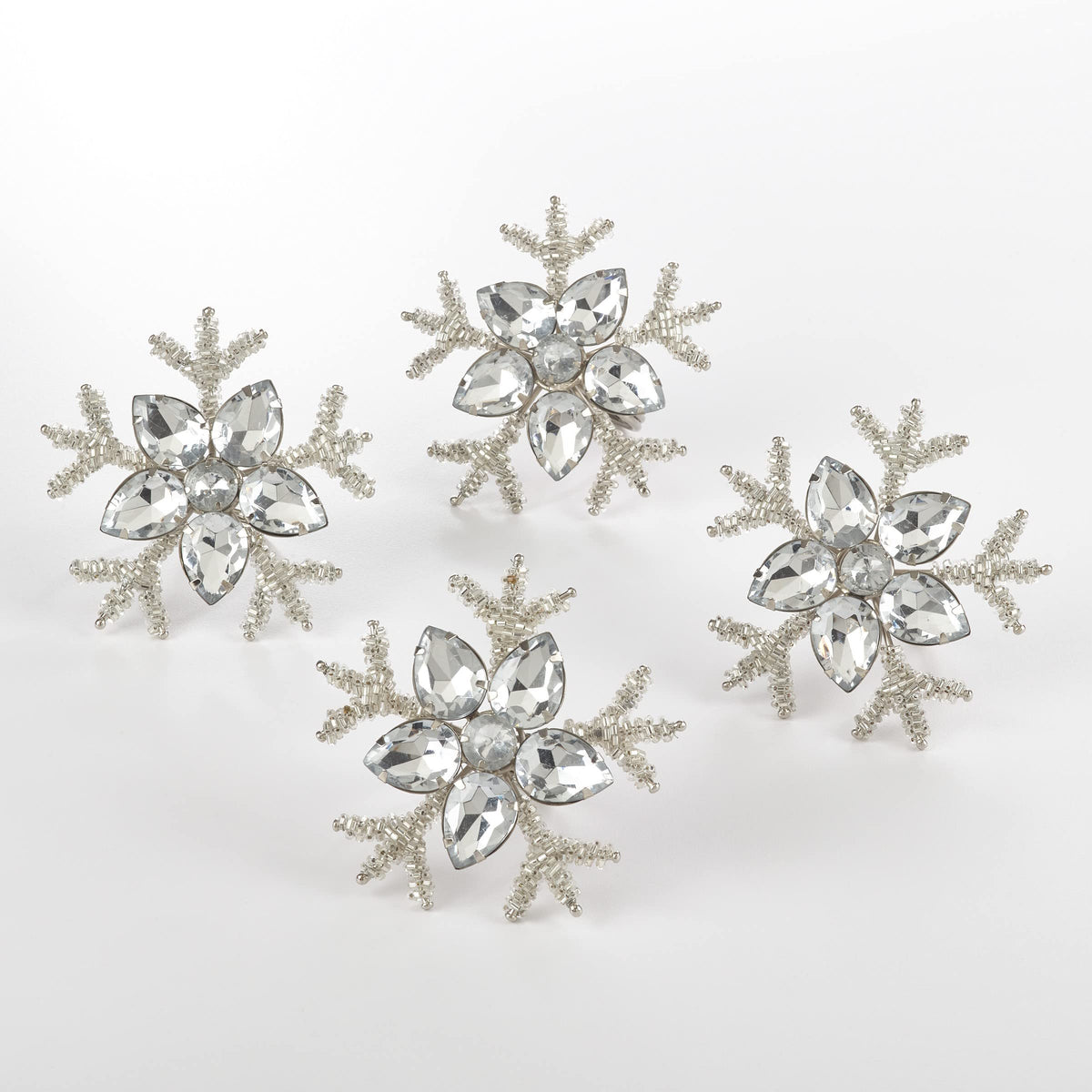 Fennco Styles Beaded Snowflake Holiday Napkin Rings, Set of 4 - Silver Jeweled Napkin Holders for Home Décor, Christmas, Banquets, Weddings and Special Occasions