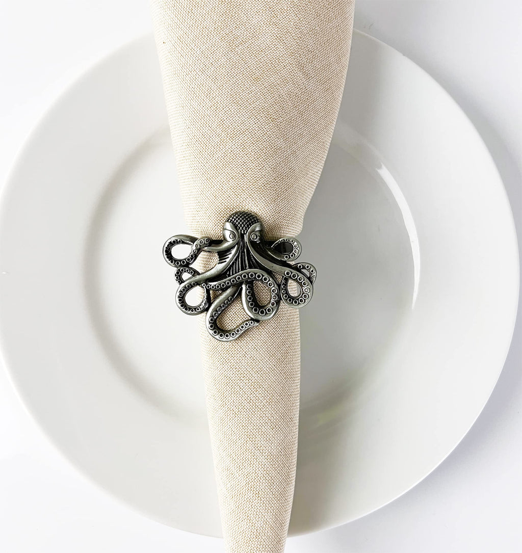 Fennco Styles Coastal Octopus Metal Napkin Rings, Set of 4 - Gold Nautical Napkin Holders for Home Décor, Dining Table, Banquets, Family Gathering and Special Occasions