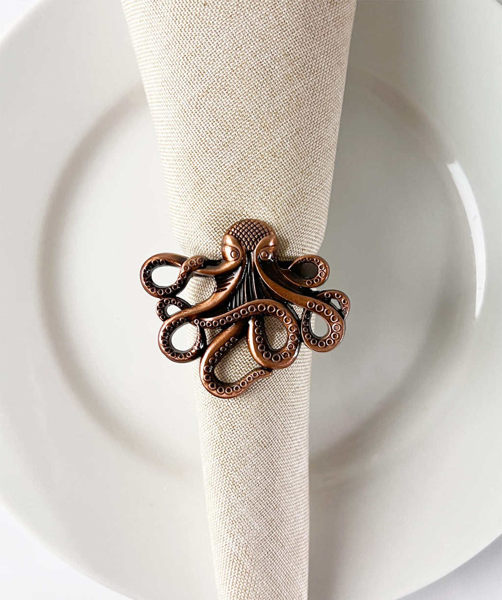 Fennco Styles Coastal Octopus Metal Napkin Rings, Set of 4 - Gold Nautical Napkin Holders for Home Décor, Dining Table, Banquets, Family Gathering and Special Occasions