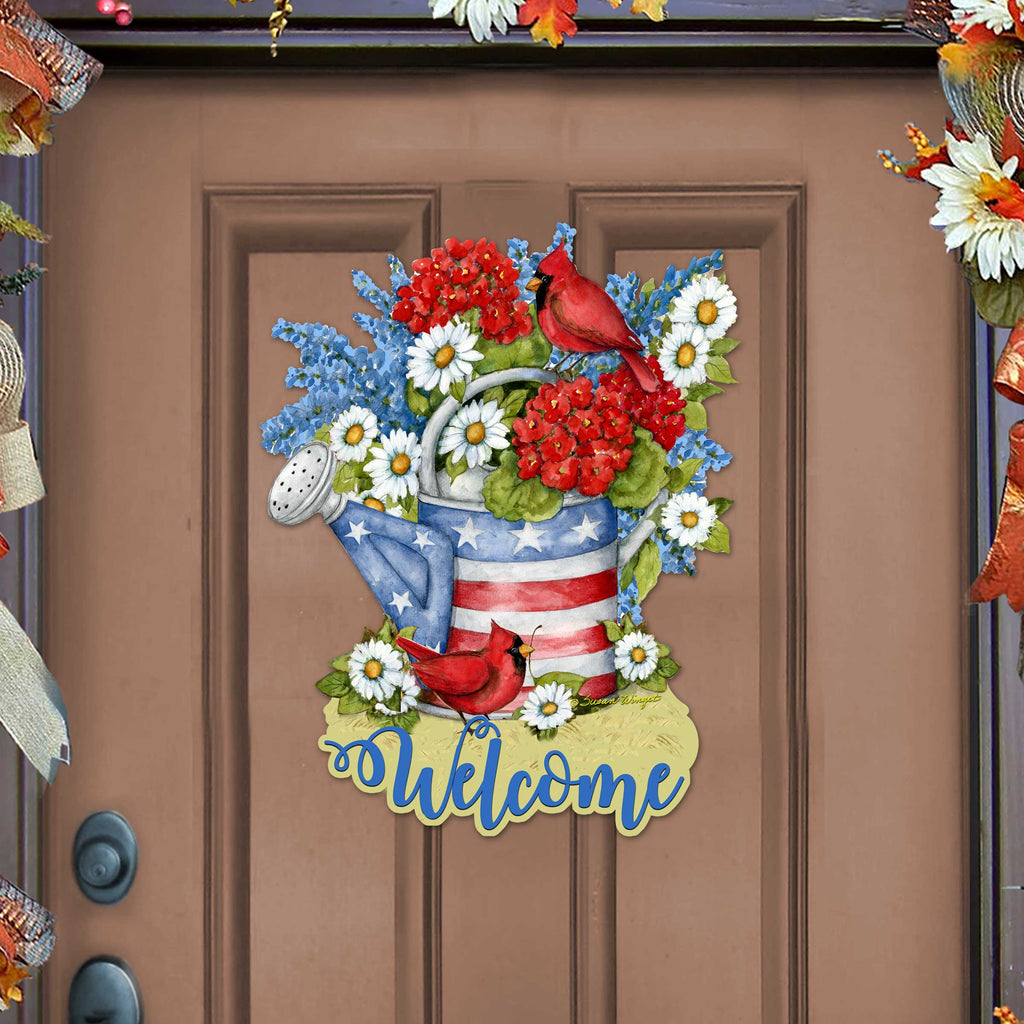 Front Door Patriotic Decoration American Watering Can Flowerpot Welcome Sign - Handmade Gift Rustic Adornment by Susan Winget - Wooden Front Porch Decor - 8471212H-SW