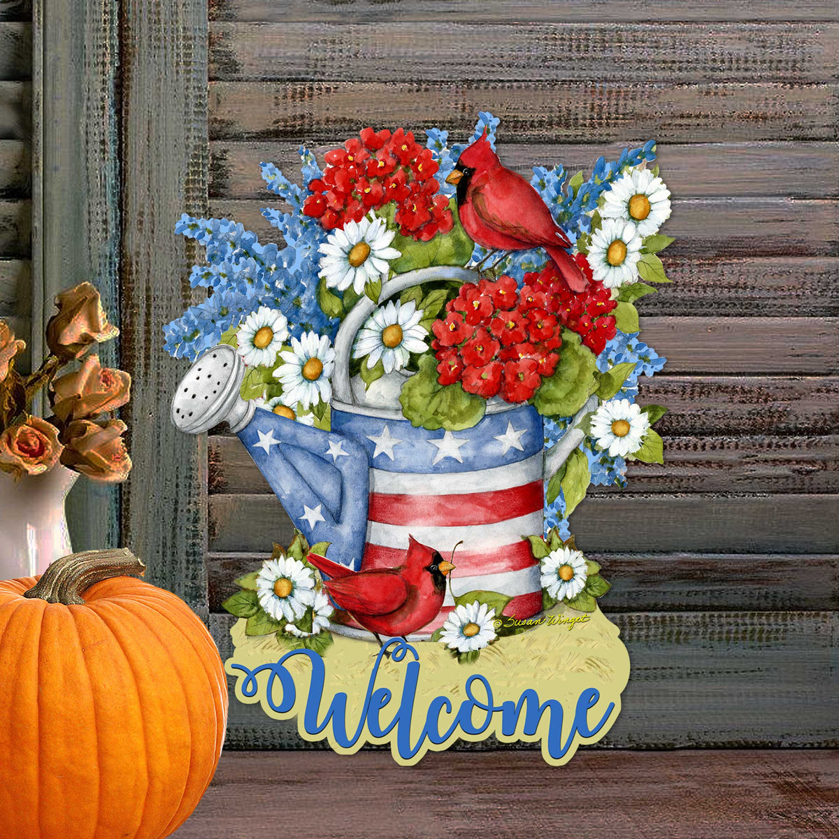 Front Door Patriotic Decoration American Watering Can Flowerpot Welcome Sign - Handmade Gift Rustic Adornment by Susan Winget - Wooden Front Porch Decor - 8471212H-SW