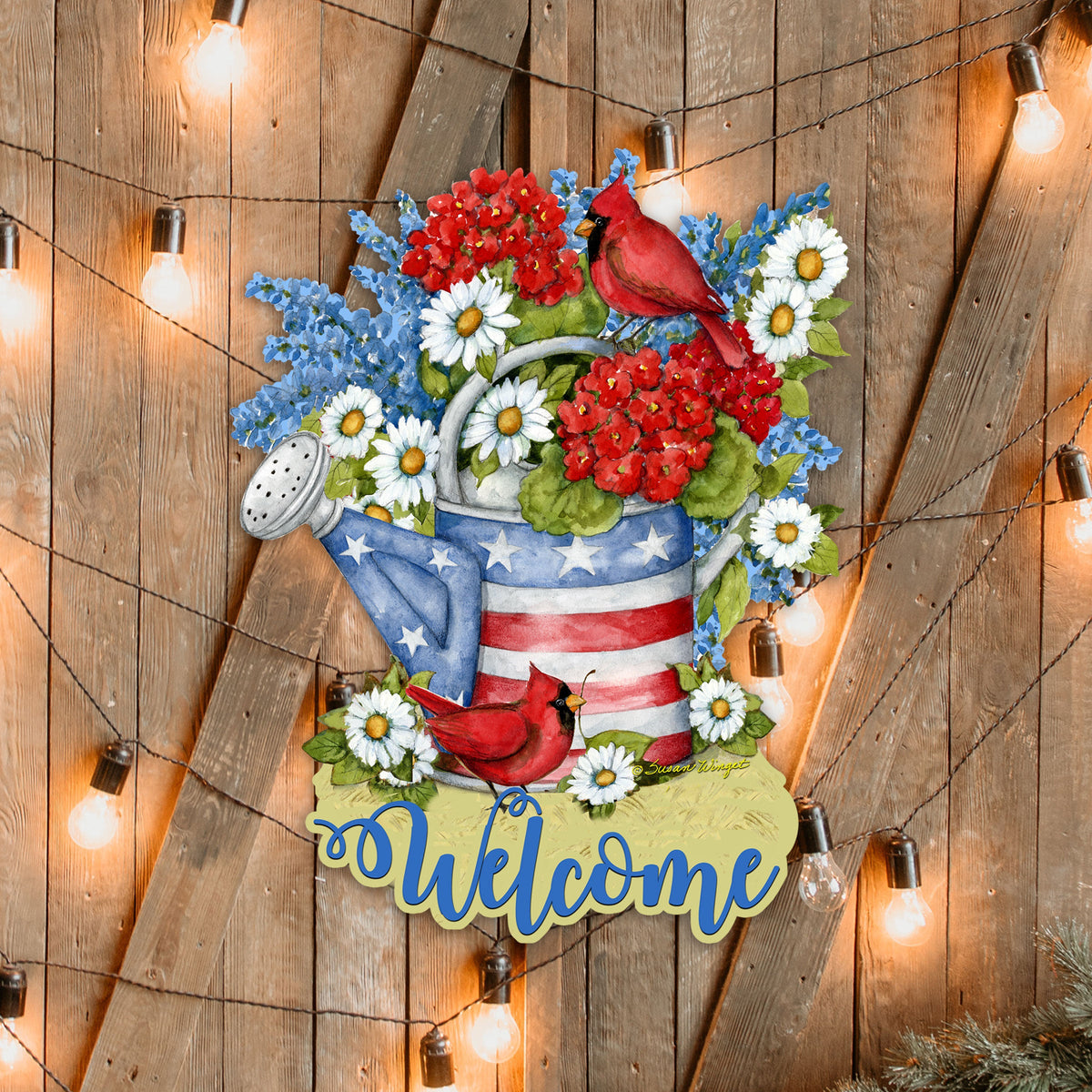 Front Door Patriotic Decoration American Watering Can Flowerpot Welcome Sign - Handmade Gift Rustic Adornment by Susan Winget - Wooden Front Porch Decor - 8471212H-SW
