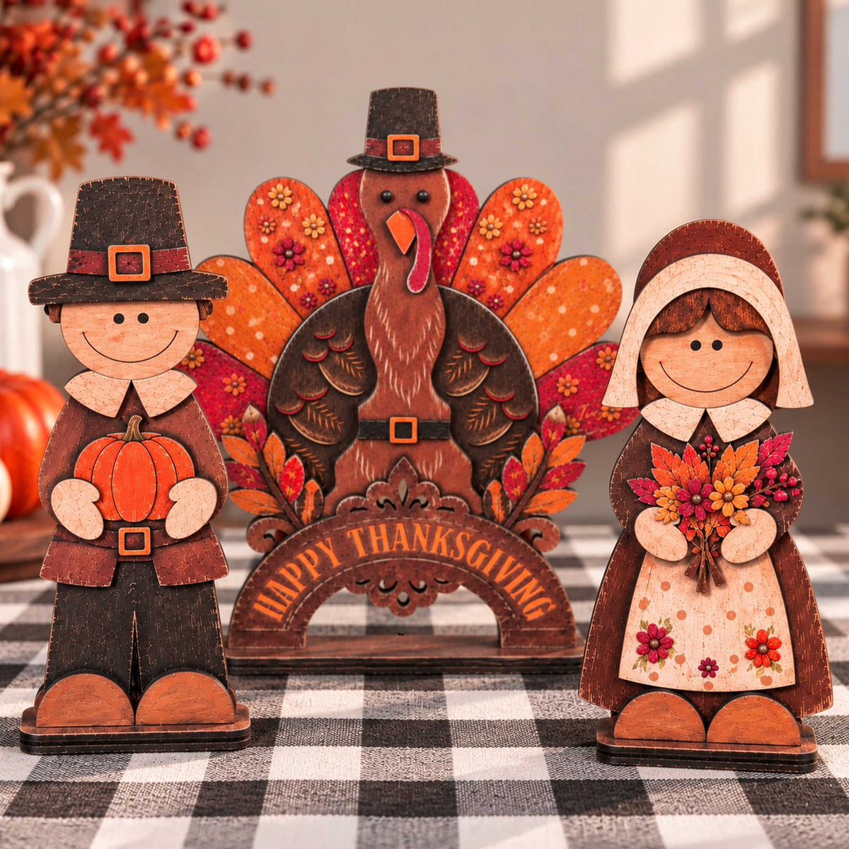 The Pilgrim Welcome bundle: Thanksgiving Pilgrim Couple and Turkey wooden tabletop decoration, set of 3