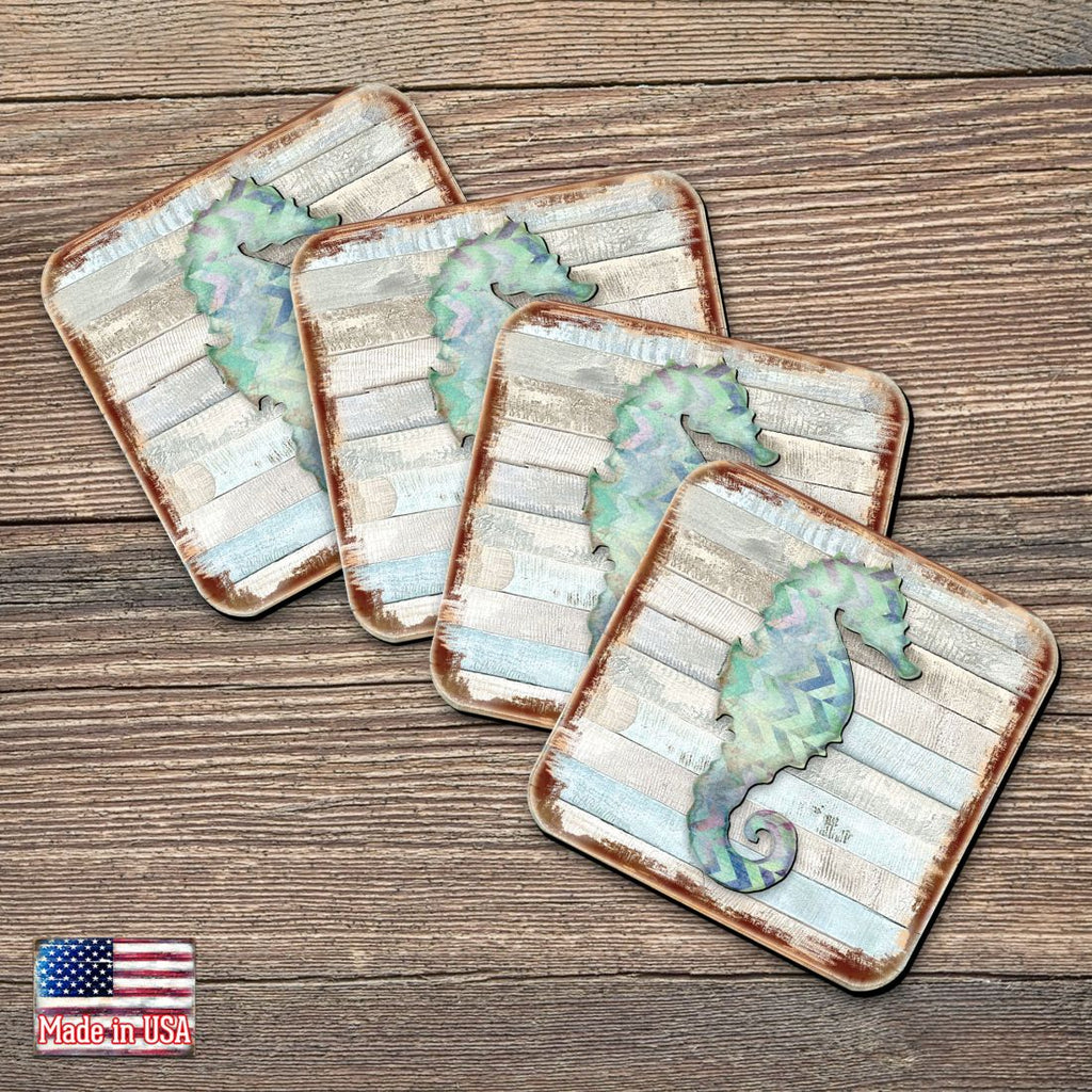 Seahorse Coastal Wooden Cork Coasters Gift Set of 4 by Nature Wonders - Coastal Sea-Life Decor - 8198517-2-9C-S4