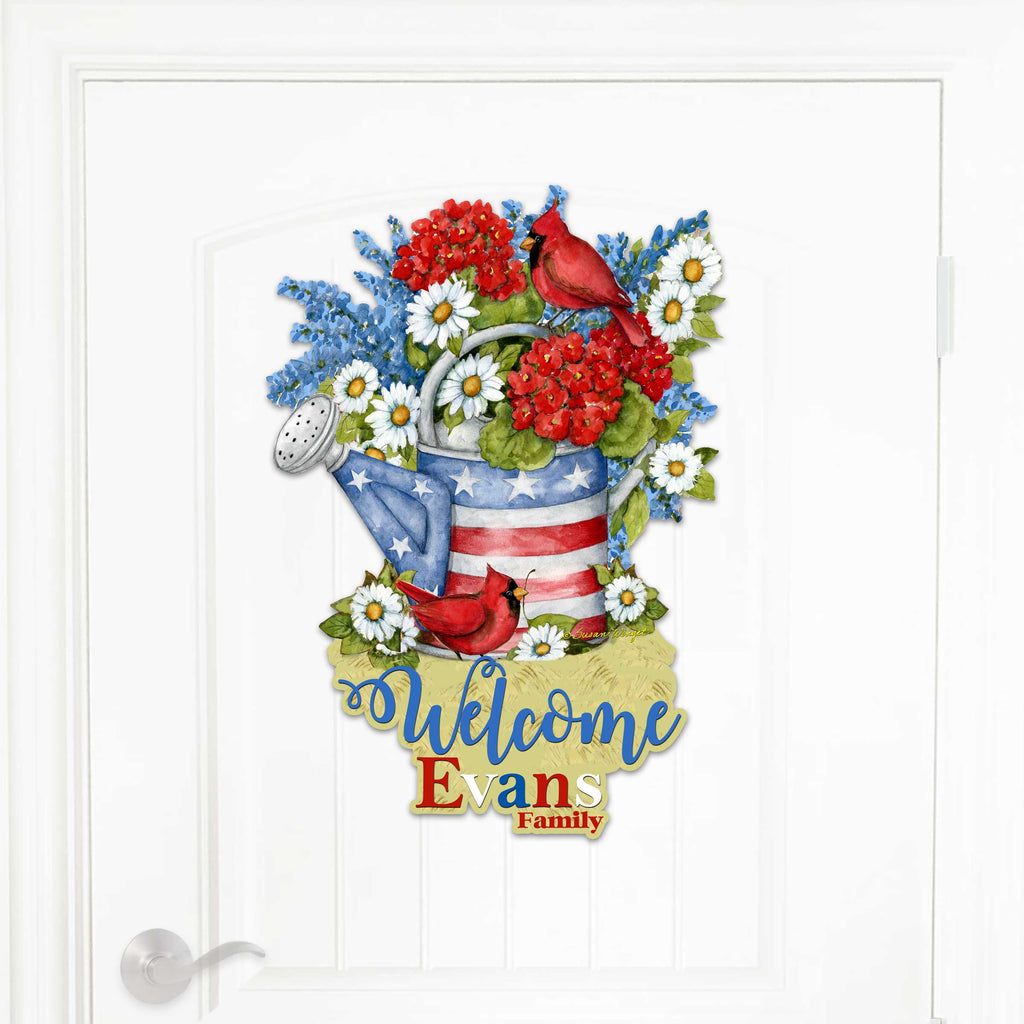 Personalized Custom Front Door Sign Patriotic Decoration with American Watering Can Family Name Welcome Sign Handmade Gift Rustic Adornment for Wooden Front Porch Decor by Susan Winget - 8471212HC-SW