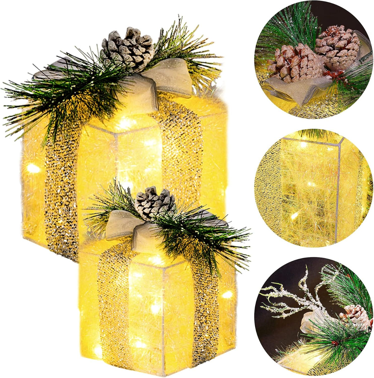 Hourleey Set of 3 Christmas Lighted Gift Boxes, Pre-lit 60 LED Light Up Present Boxes Ornament Outdoor Warm White Tinsel Boxes Decoration for Indoor Christmas Home Yard Lawn Decor
