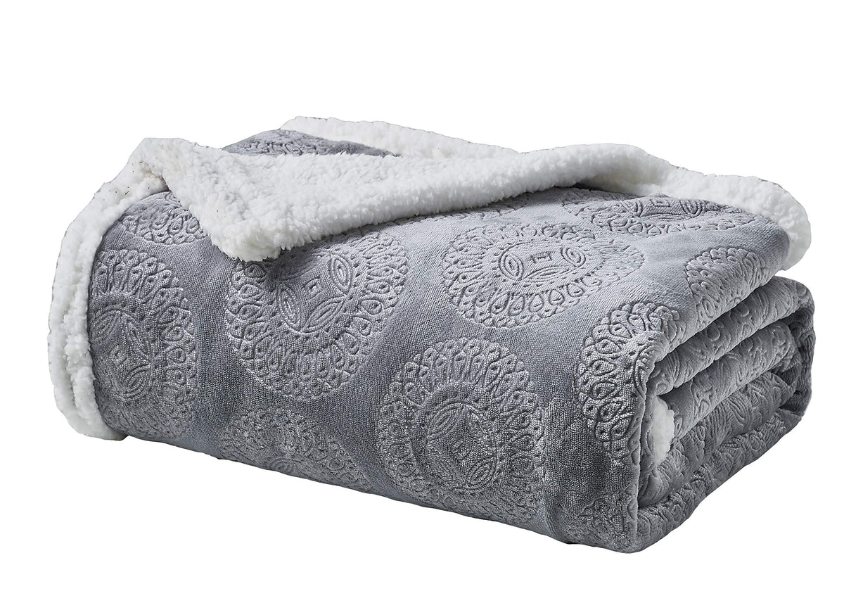 Decor&More Bon Iver Collection Extra Soft Mandala Embossed Microplush Throw Blanket with Sherpa Backing (50" x 60")