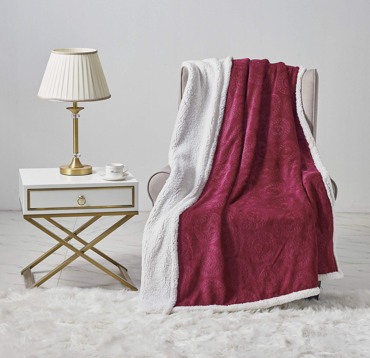 Decor&More Bon Iver Collection Extra Soft Mandala Embossed Microplush Throw Blanket with Sherpa Backing (50" x 60")