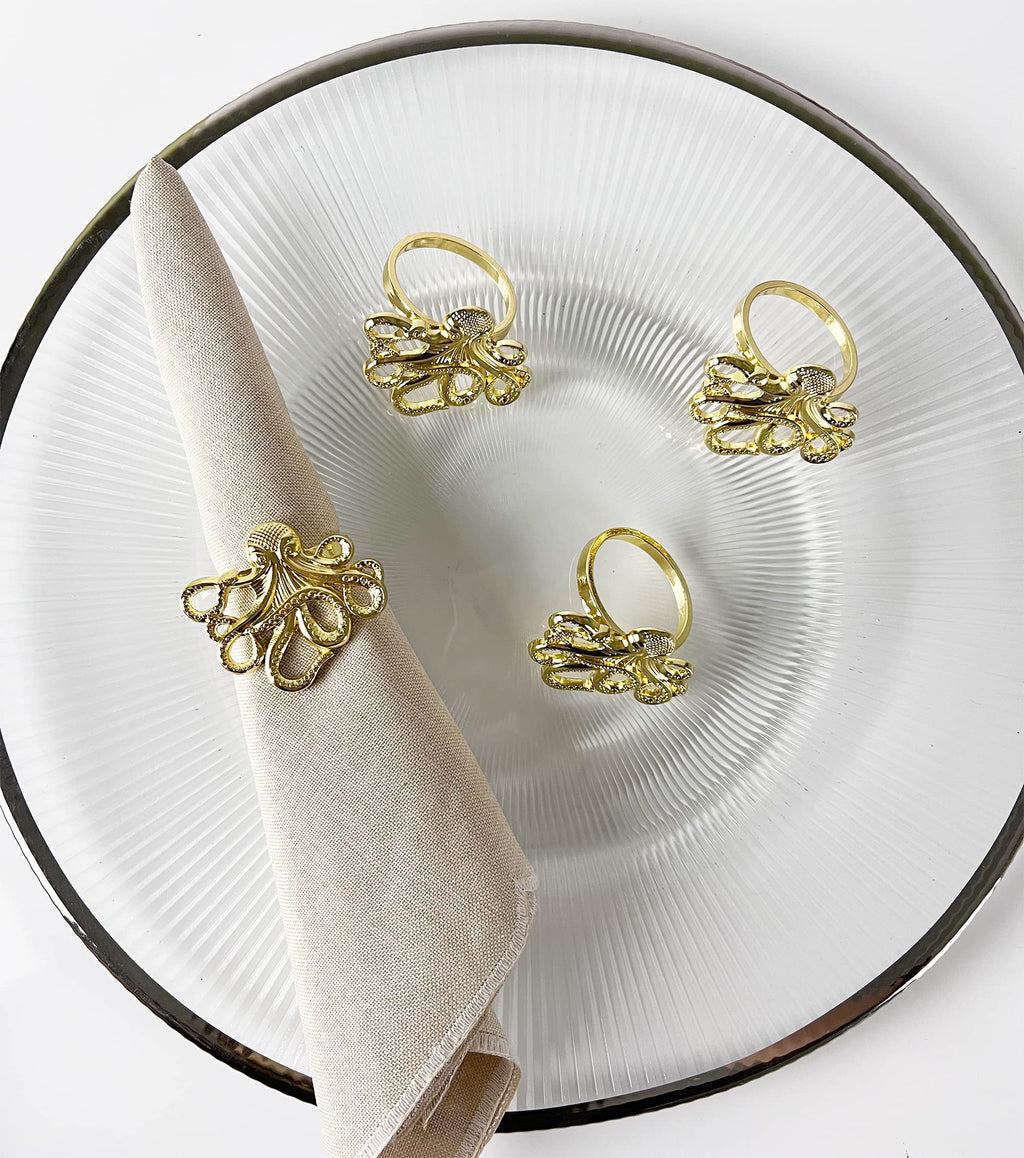 Fennco Styles Coastal Octopus Metal Napkin Rings, Set of 4 - Gold Nautical Napkin Holders for Home Décor, Dining Table, Banquets, Family Gathering and Special Occasions