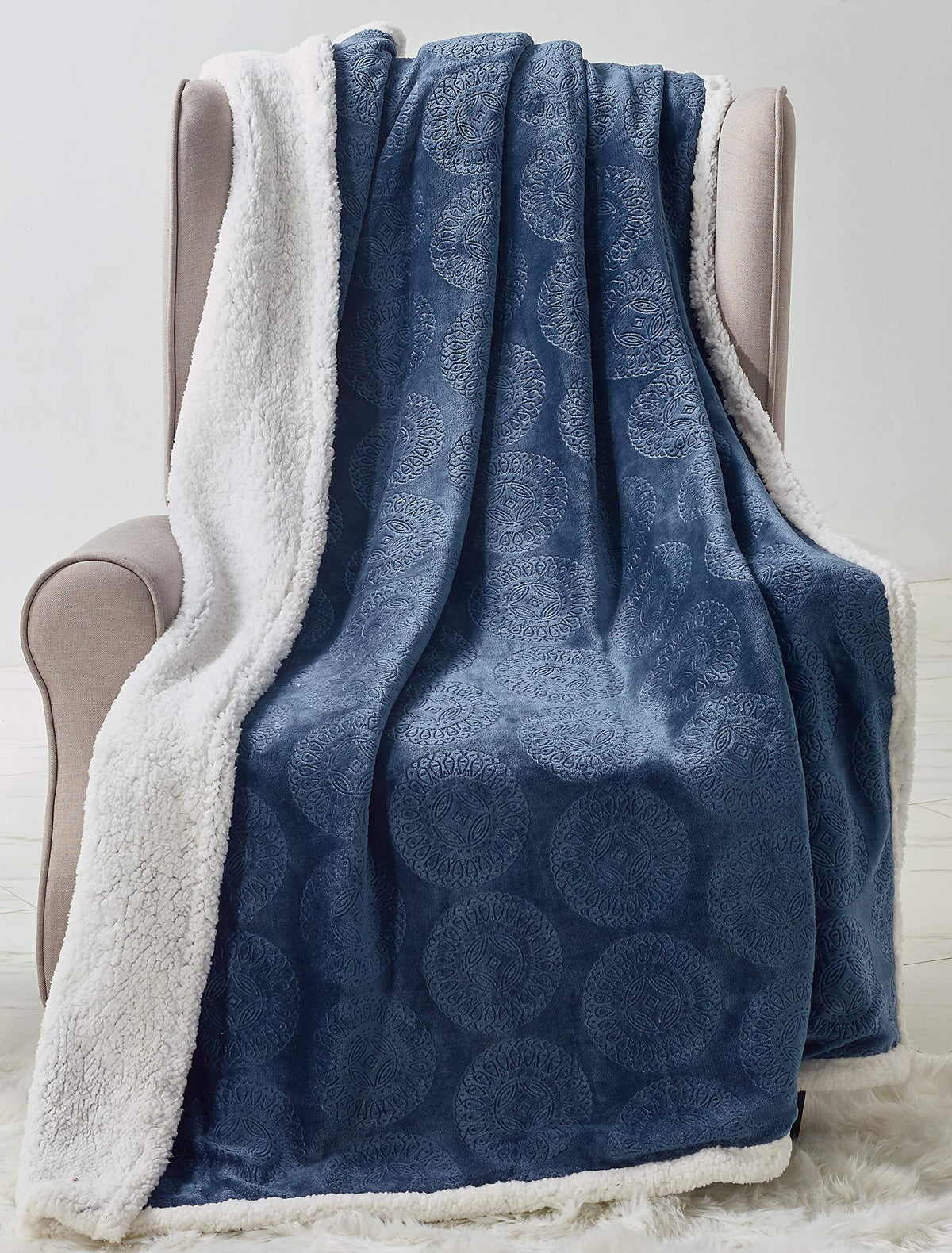 Decor&More Bon Iver Collection Extra Soft Mandala Embossed Microplush Throw Blanket with Sherpa Backing (50" x 60")
