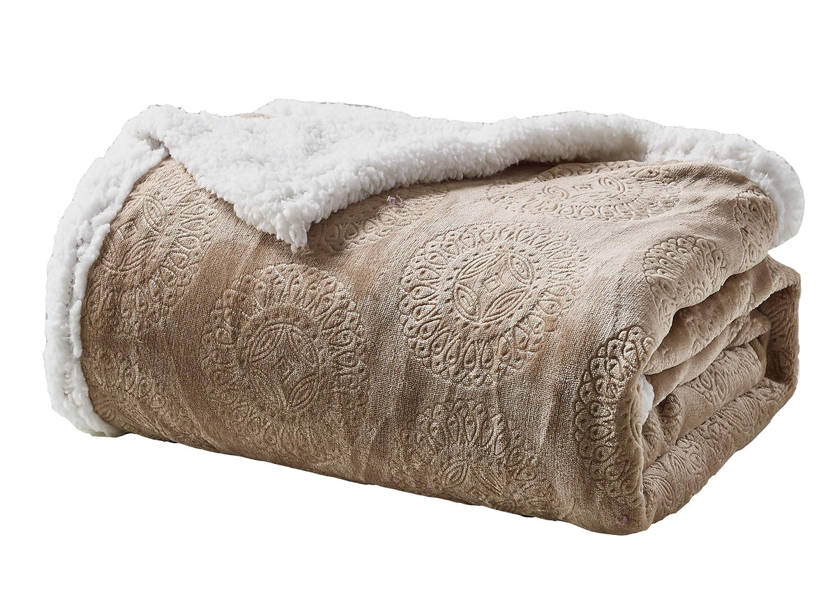 Decor&More Bon Iver Collection Extra Soft Mandala Embossed Microplush Throw Blanket with Sherpa Backing (50" x 60")