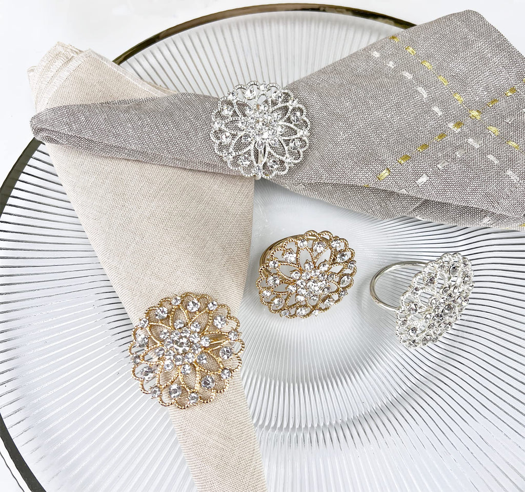 Fennco Styles Rhinestone Crystal Flower Napkin Rings Wedding Holiday Table Decoration - Set of 4