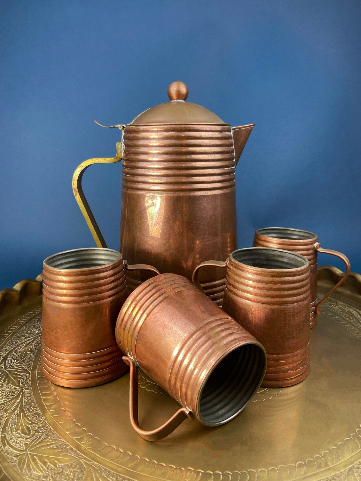 Revere Copper Pitcher and 4 Mugs