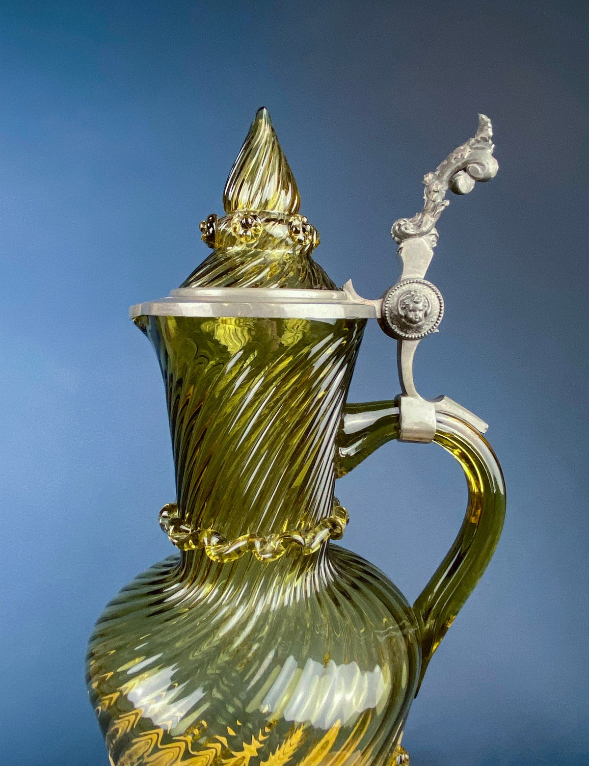 XL Hand-Blown Olive Green Glass Pitcher with Pewter, 18"