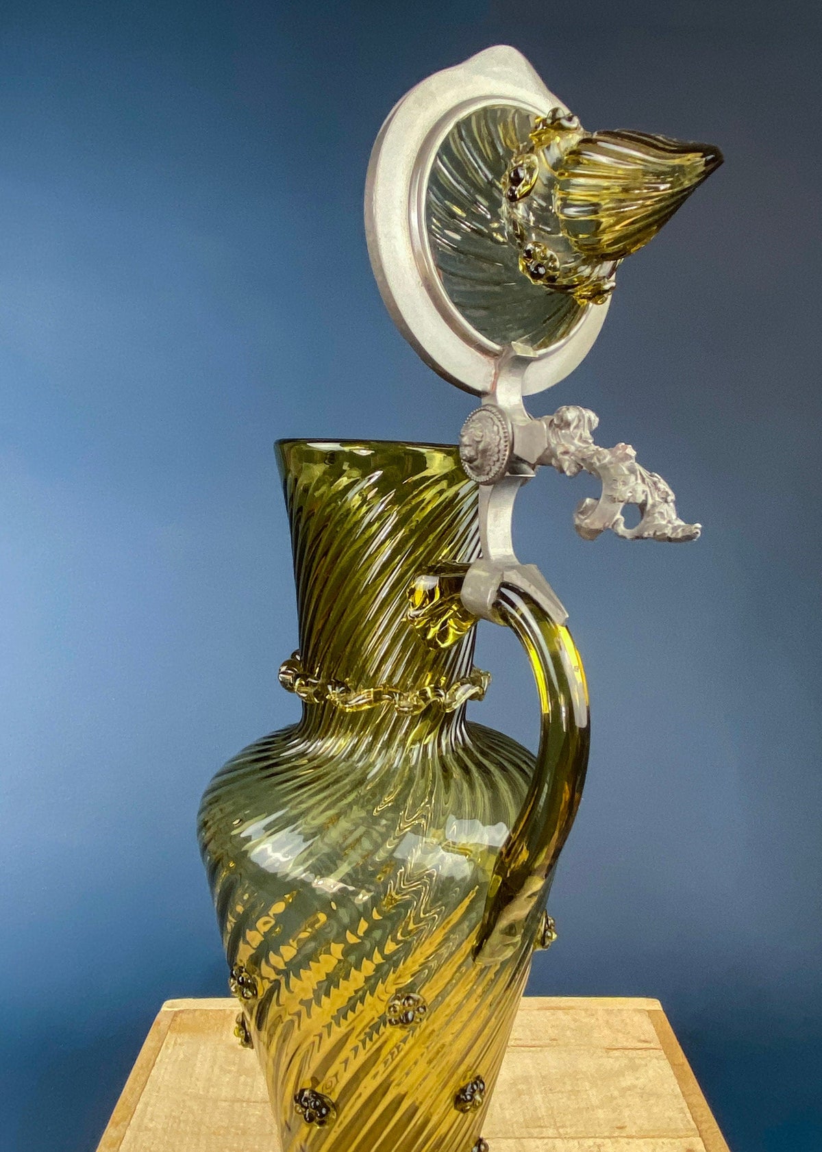 XL Hand-Blown Olive Green Glass Pitcher with Pewter, 18"