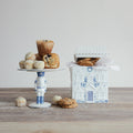 White & Blue Ceramic House Cookie Jar with Stars & Wreath – 9.5"