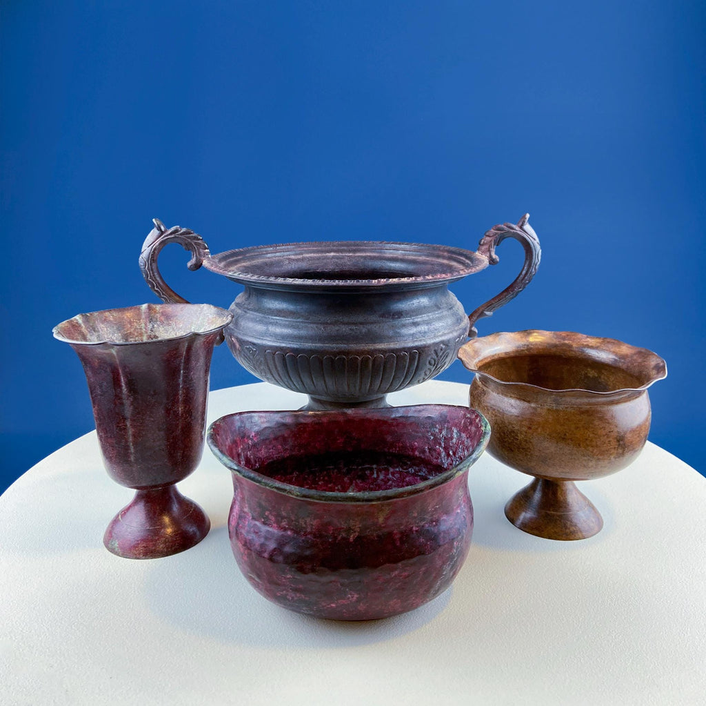 Rustic Metal Urns with Patina, Set of 4