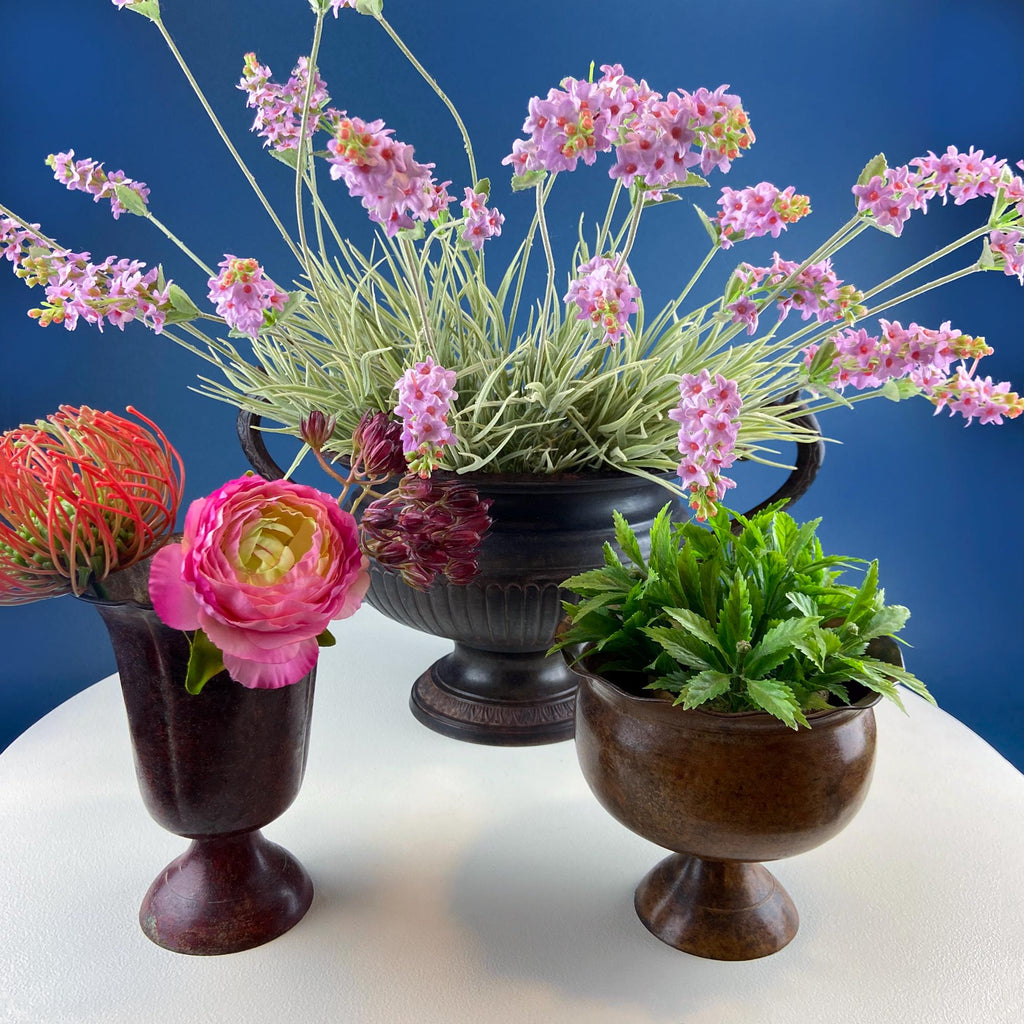 Rustic Metal Urns with Patina, Set of 4