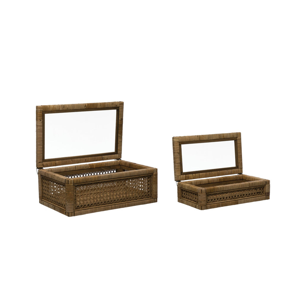 Woven Rattan Wood Display Boxes with Glass Lid | 2 Sizes