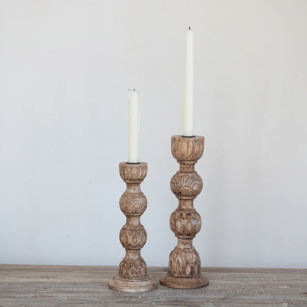Hand-Carved Mango Wood Taper Candle Holder | 2 Sizes