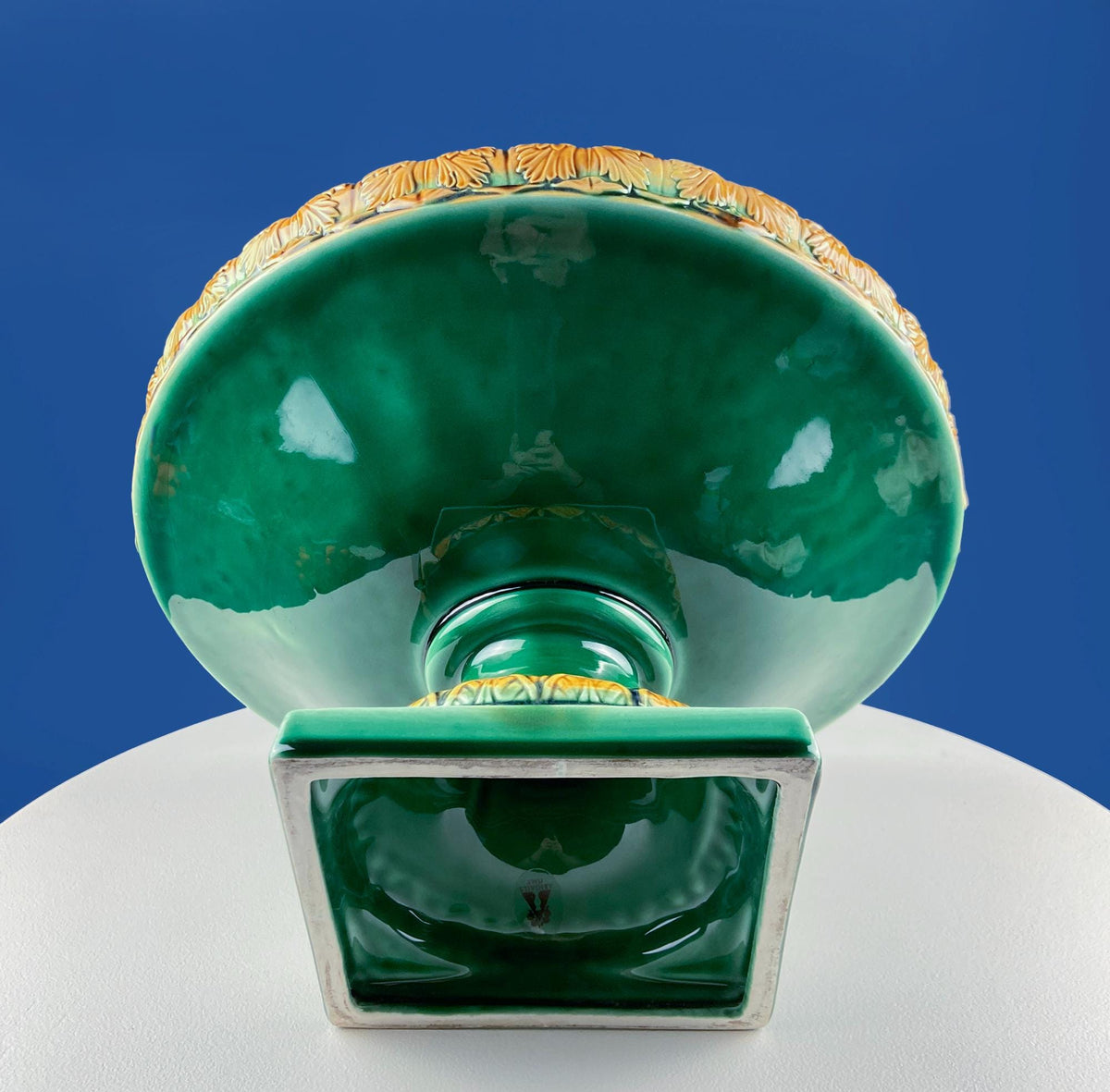 Abigails Italy Green Majolica Jardiniere with Gold Relief