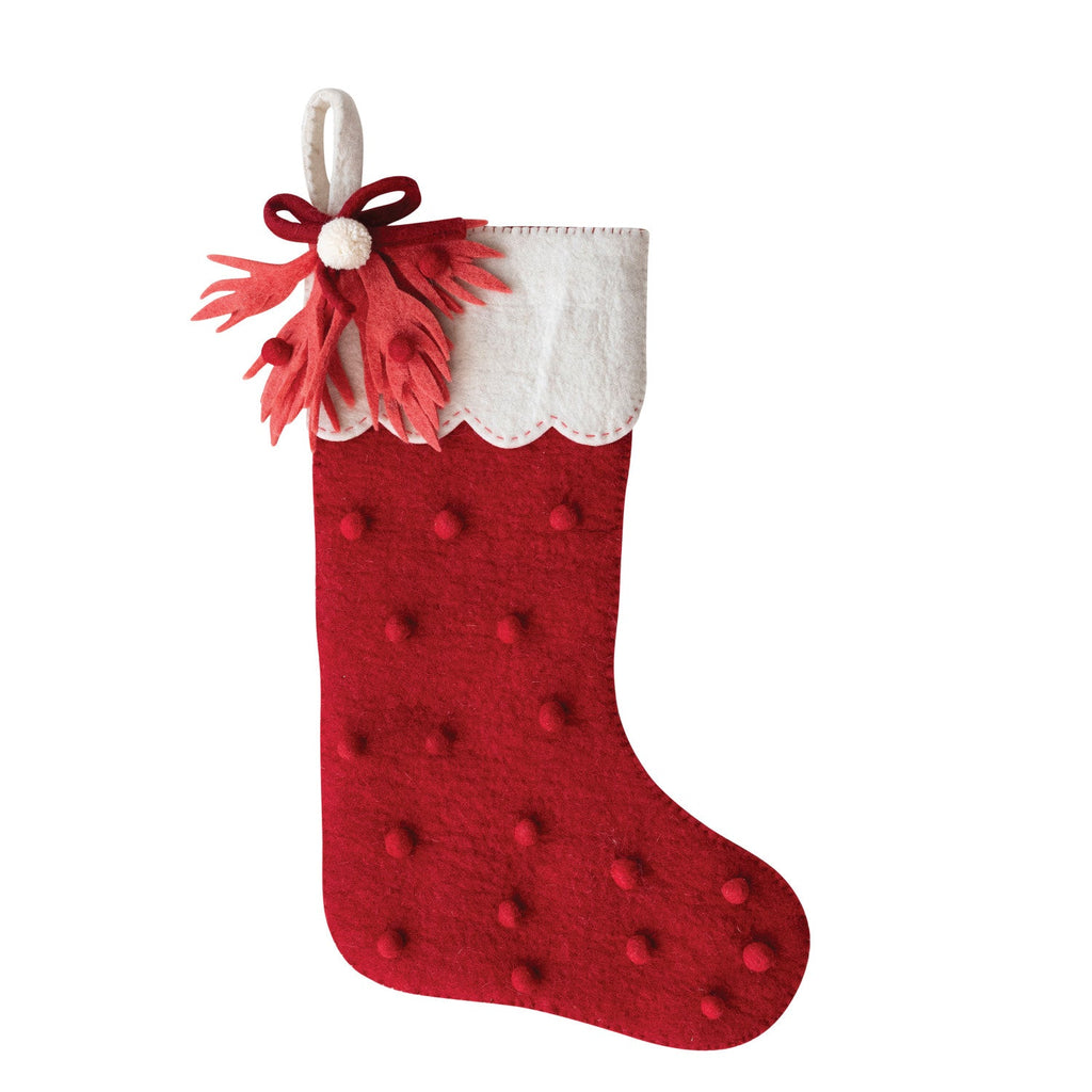 18" Handmade Wool Felt Christmas Stocking with Scalloped Cuff, Pom Pom, Bow & Leaves