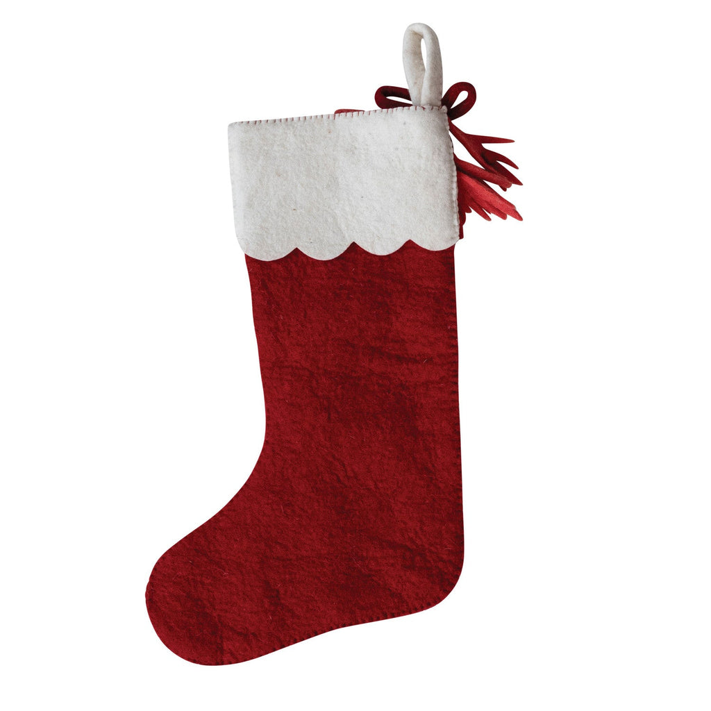18" Handmade Wool Felt Christmas Stocking with Scalloped Cuff, Pom Pom, Bow & Leaves