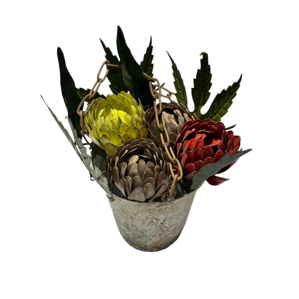 Distressed Painted Metal Flowers in Pot Ornament