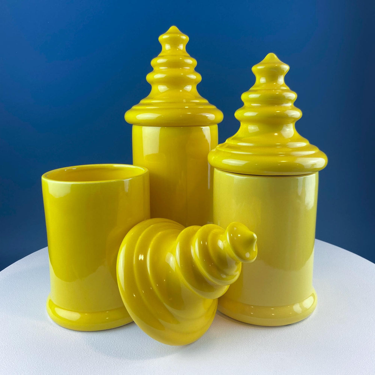 Mid-Century Yellow Ceramic Lantern Canisters, Set of 3