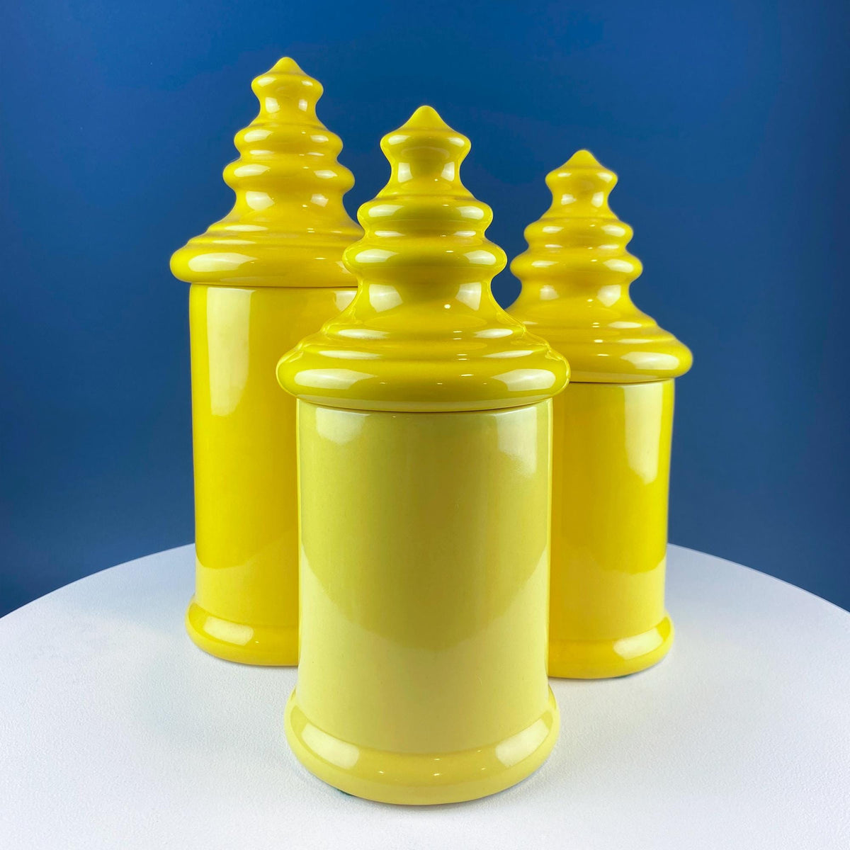 Mid-Century Yellow Ceramic Lantern Canisters, Set of 3