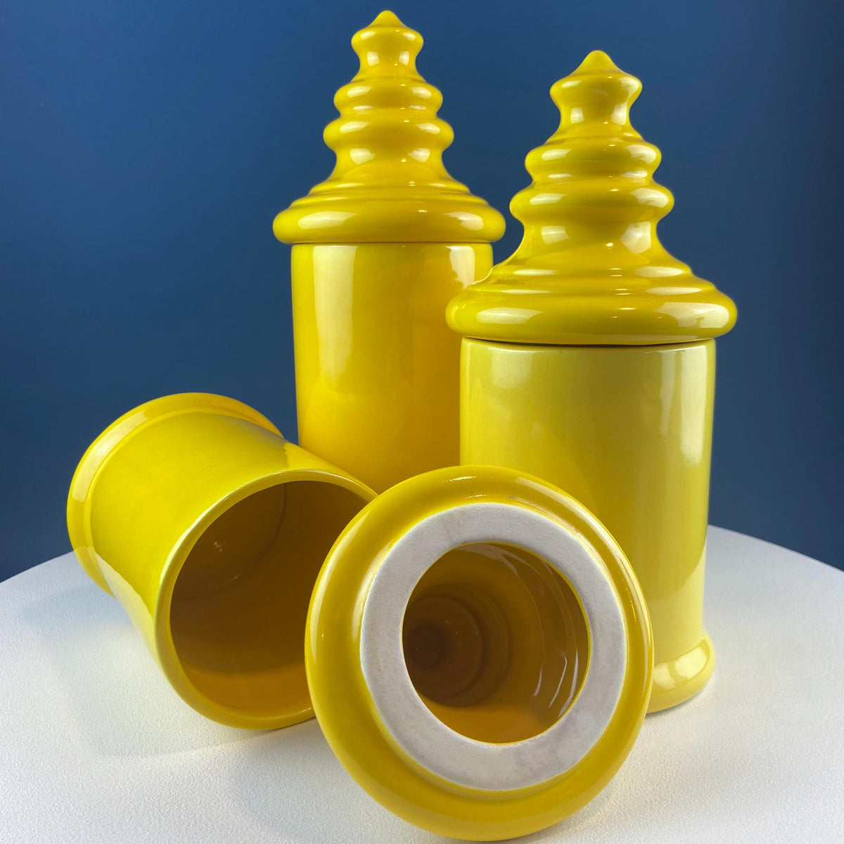 Mid-Century Yellow Ceramic Lantern Canisters, Set of 3