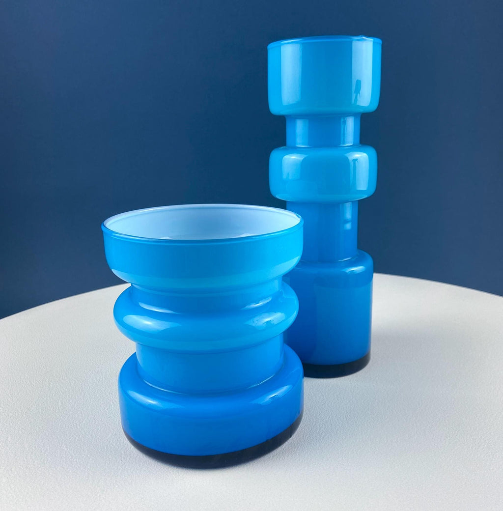Aqua Blue Geometric Art Glass Vases, Pair