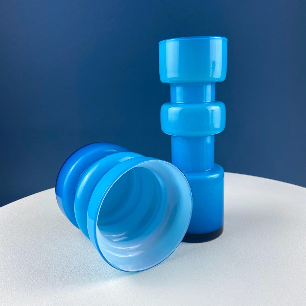 Aqua Blue Geometric Art Glass Vases, Pair