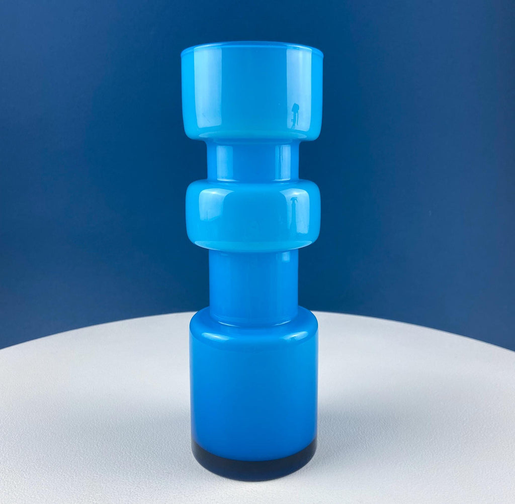 Aqua Blue Geometric Art Glass Vases, Pair