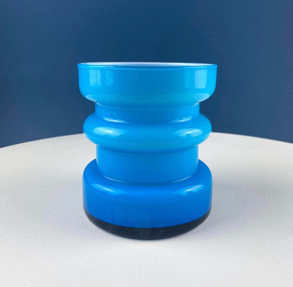 Aqua Blue Geometric Art Glass Vases, Pair