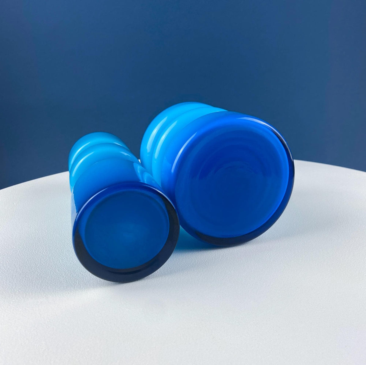 Aqua Blue Geometric Art Glass Vases, Pair