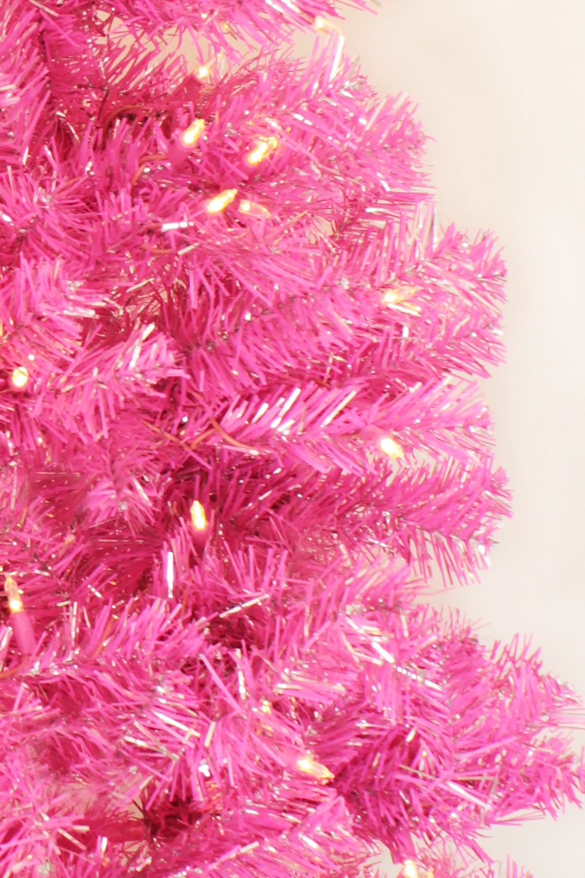 Prelit Pink Christmas Tree with Silver Tinsel Needles Warm White Lights