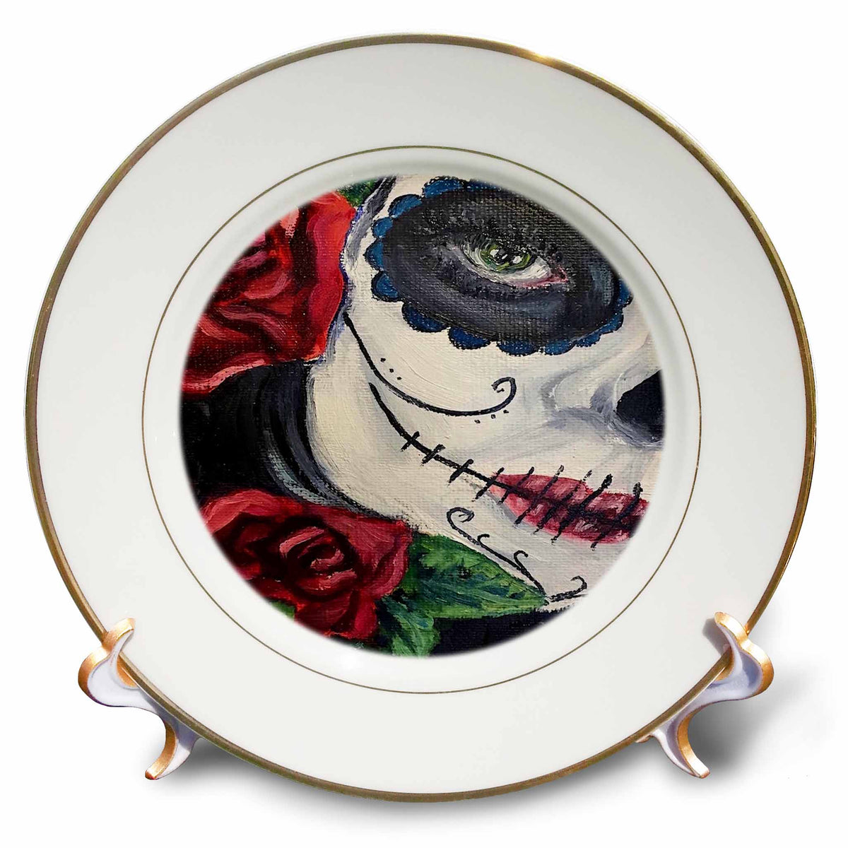 3dRose Melissa A. Torres Art Dia de Los Muertos - Image of Partial face of Woman in Day of The Dead Makeup with Roses - Plates