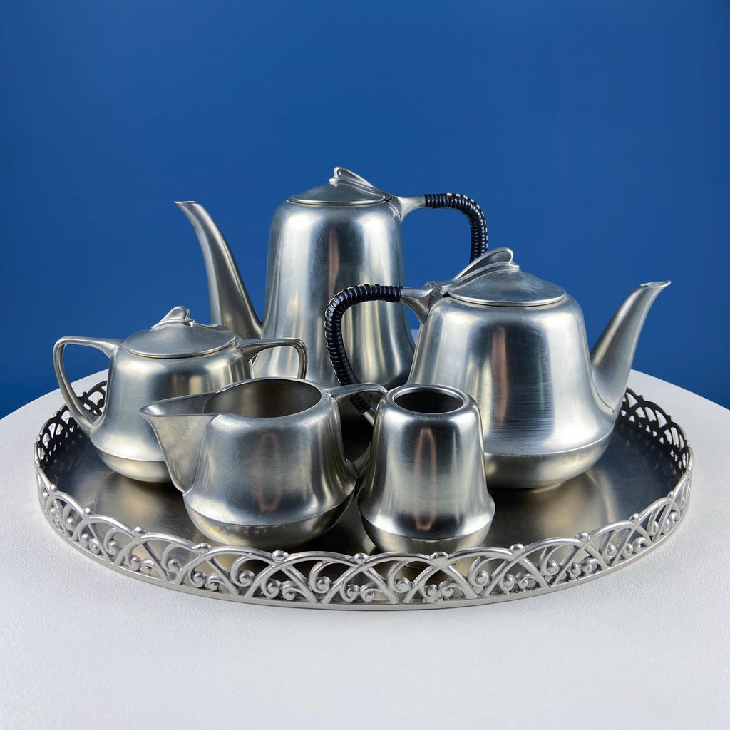 Metawa Holland Pewter Coffee & Tea Set with Filigree Tray, 6 Pieces