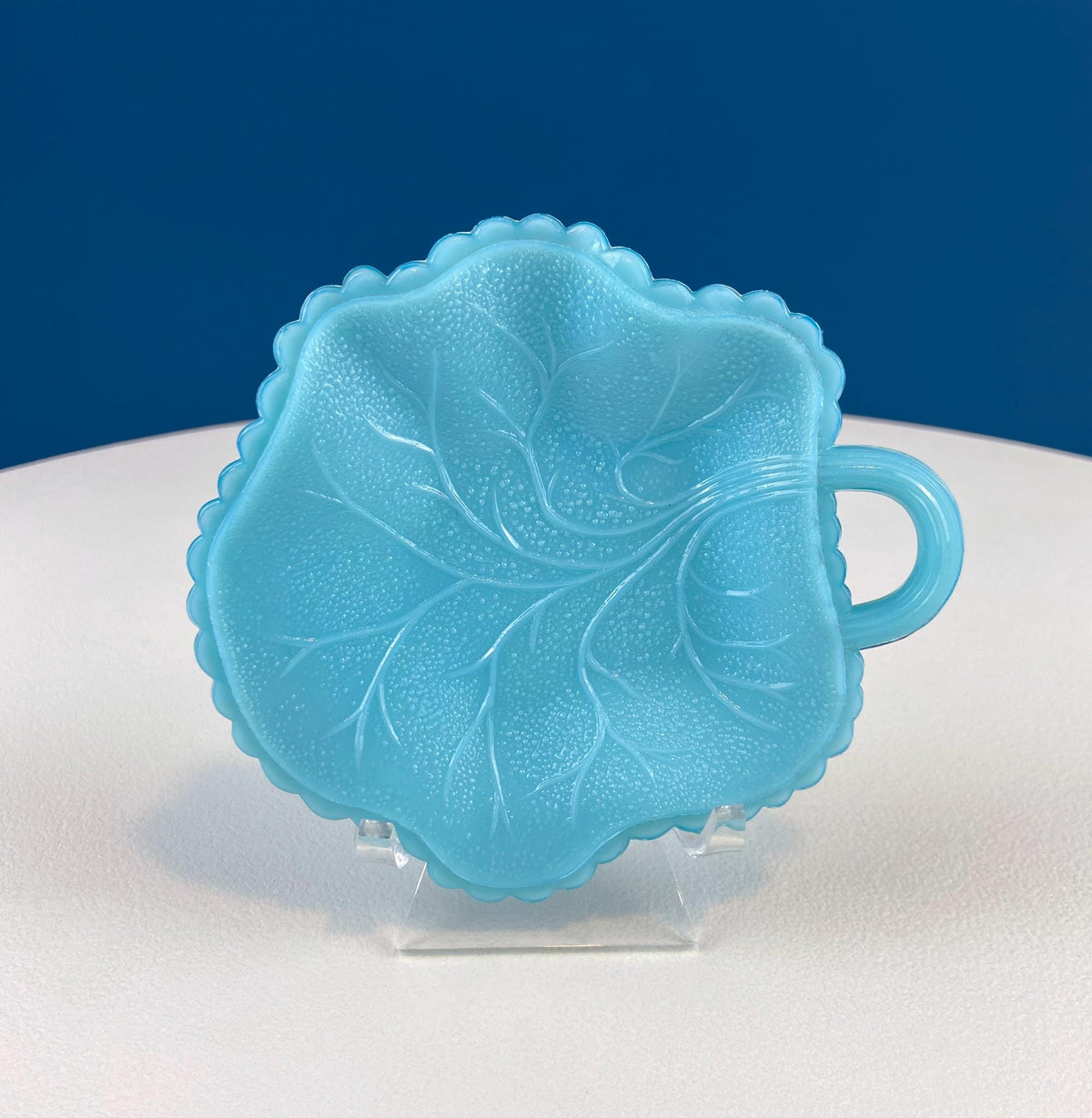 Blue Milk Glass Nesting Leaf Plates, Pair