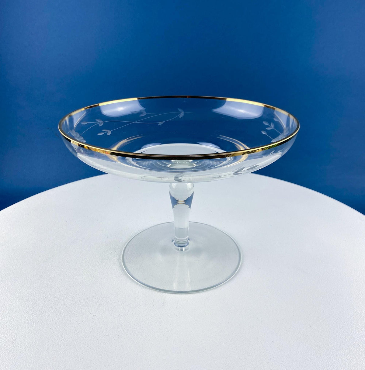 Etched Glass Footed Compote with Gold Rim