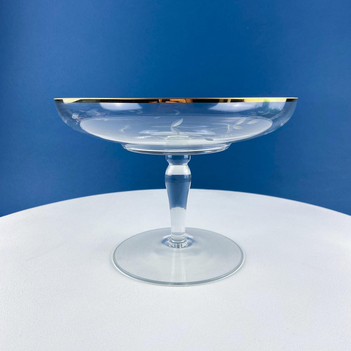 Etched Glass Footed Compote with Gold Rim