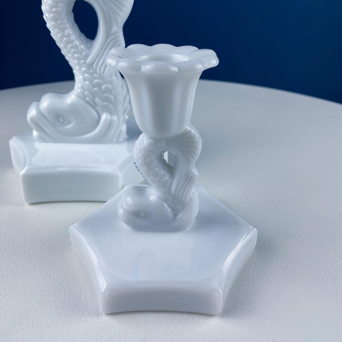 Westmoreland Milk Glass Dolphin Candlesticks, Pair