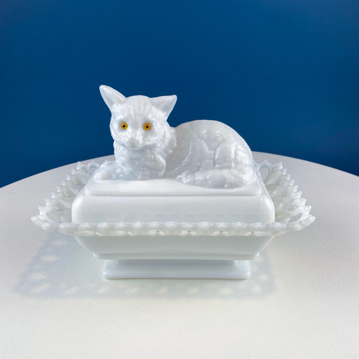 Westmoreland Milk Glass Cat Covered Dish