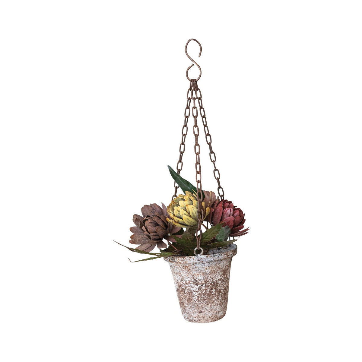 Distressed Painted Metal Flowers in Pot Ornament