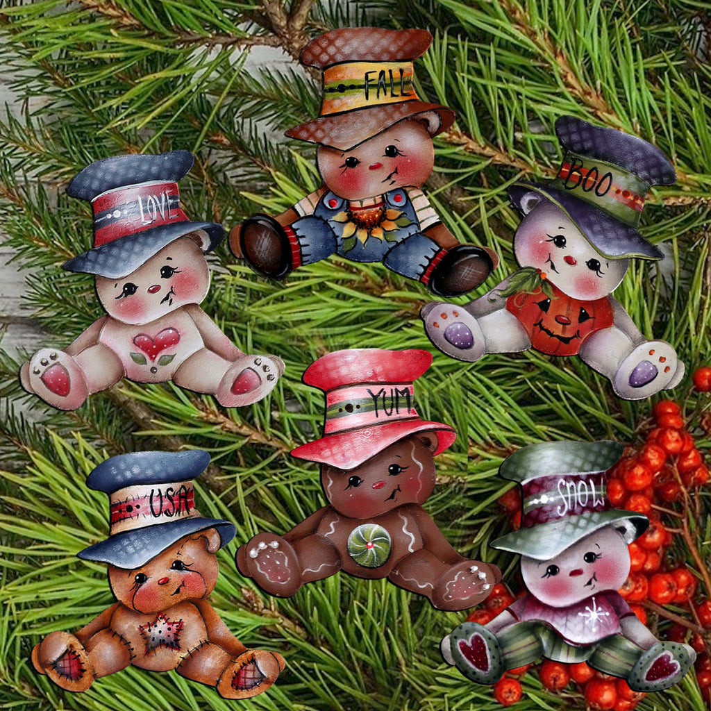 Big Hat Brigade Clip-On Eco Wood Decorative Ornaments Set of 6 by Jamie Mills-Price - Christmas Santa Snowman Decor - 8090046C-MP-S6