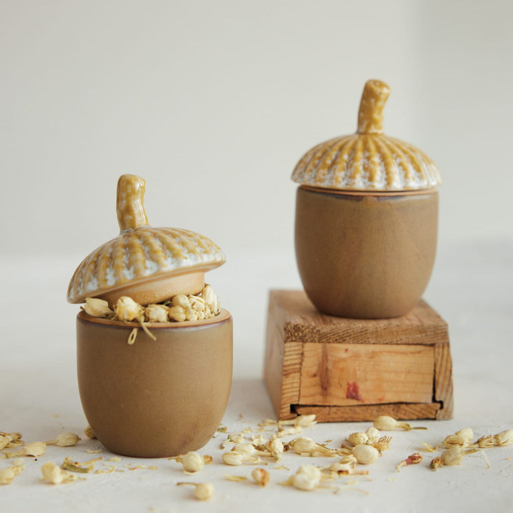 Acorn Coffee and Pie bundle: Brown and tan stoneware acorn jar with lid