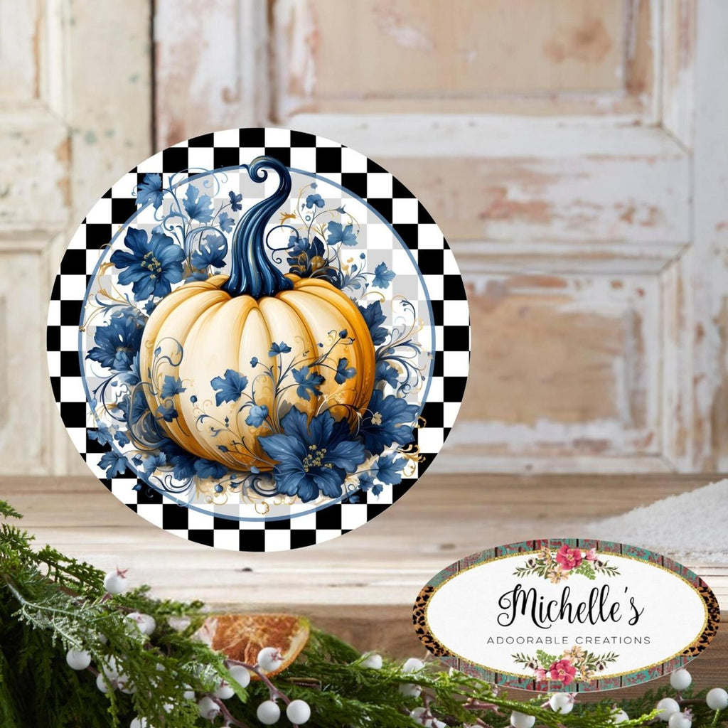 Blue Chinoiserie Floral Pumpkin Round Sign