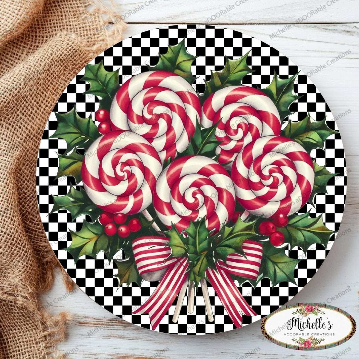 Peppermint Twist Wreath Kit bundle: Candy cane peppermint sign, black and white, 8"